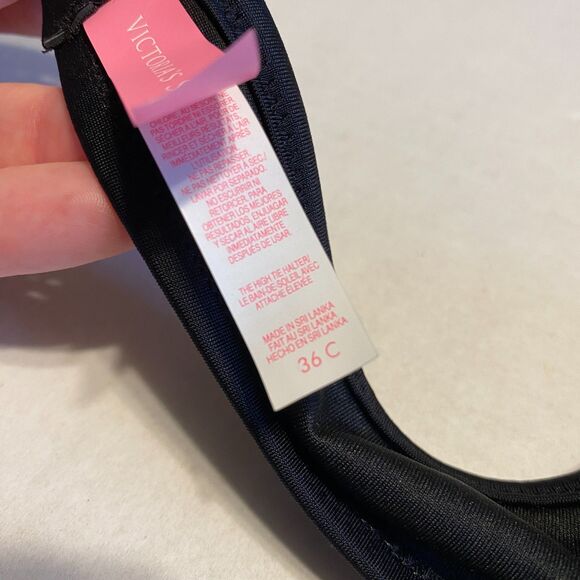 Victoria Secret The High Tie Halter Bikini Top Size 36C Black Ruffle Swimwear - Picture 2 of 5